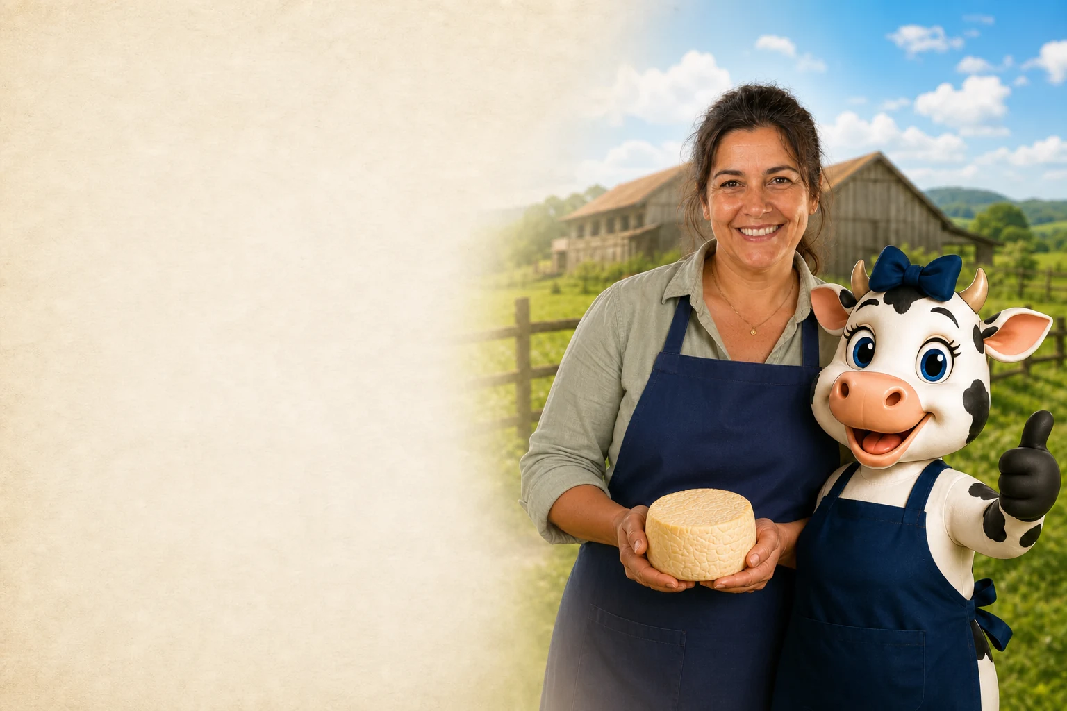 Produtora caseira com queijo e mascote em uma propriedade rural
